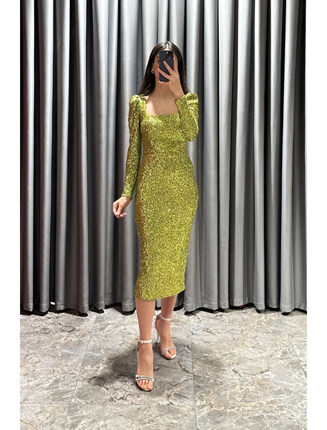 Black Sequin Midi Evening Dress with Puffed Long Sleeves