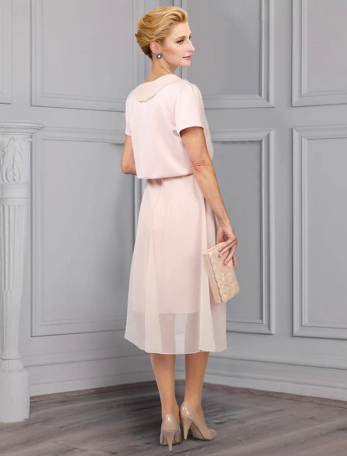 Abito da cerimonia per la madre della sposa in due pezzi, a trapezio, elegante, con scollo a V, lunghezza tè, in chiffon, pizzo, maniche corte, con applicazioni floreali