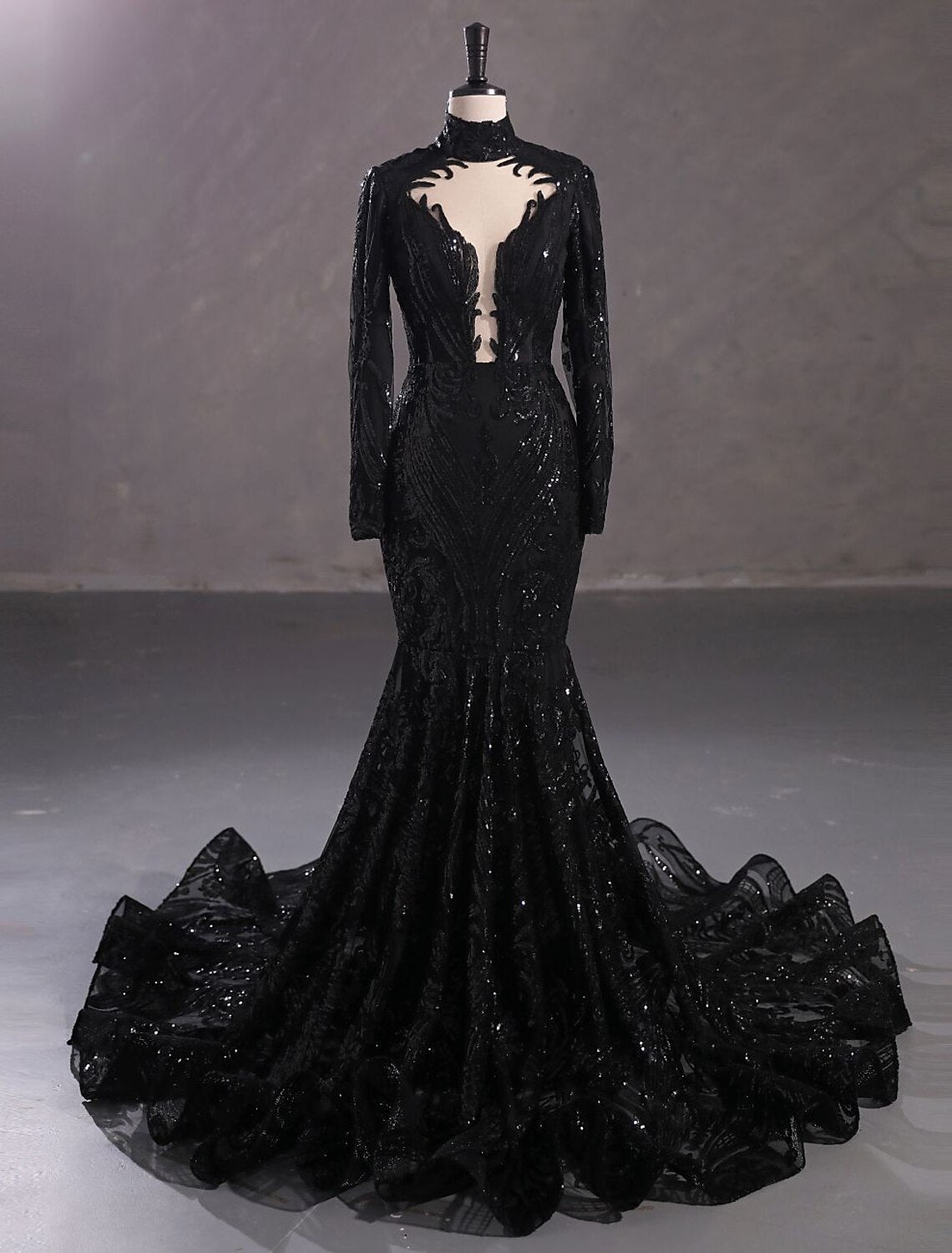 Emerald Sequin Mermaid Floor-Length Evening Dress with High Neck & Illusion Plunging V-neck