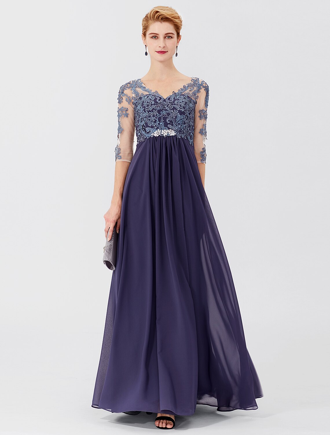 Vestido de fiesta de corte A para madre de la novia, formal, talla grande, elegante, escote en V, largo hasta el suelo, gasa, encaje transparente, manga 3/4 con apliques de cristales