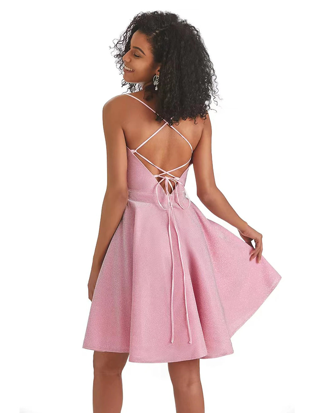 Pink Glitter Fabric A-Line Short Dress with Square Neck and Spaghetti Straps