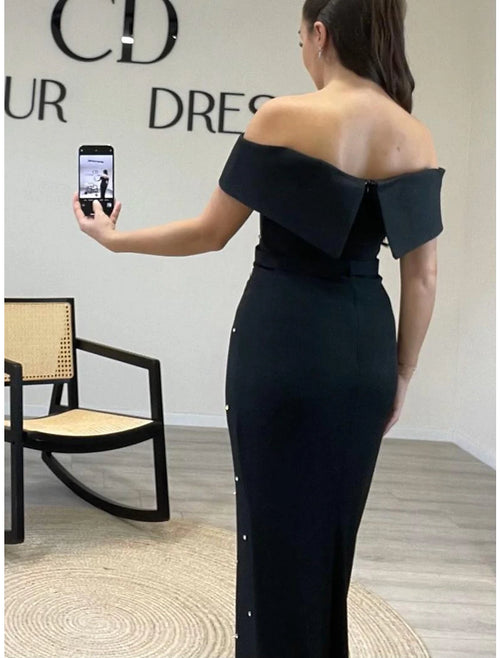 Black Crepe Off-the-Shoulder Floor-Length Sheath Dress with High Slit