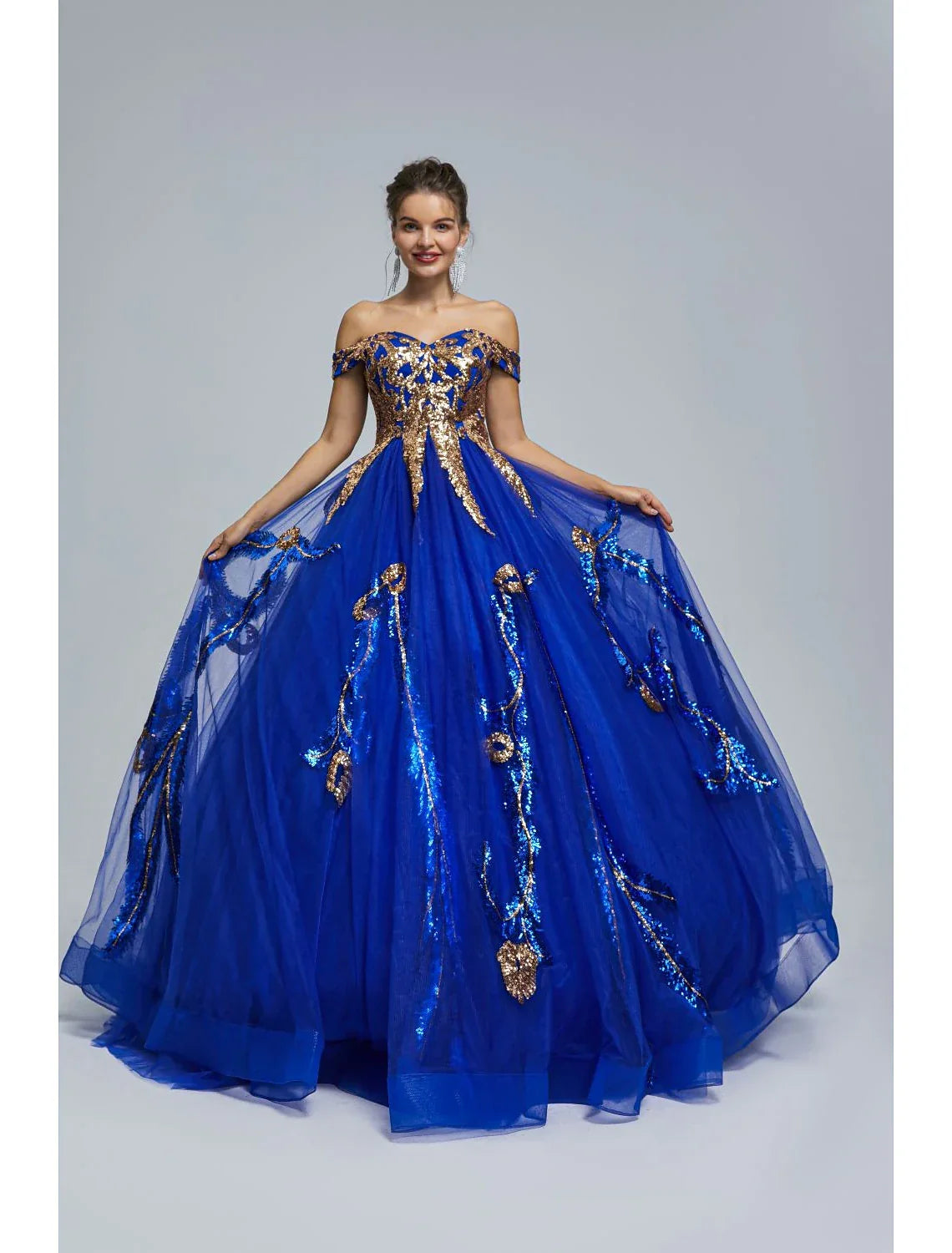 Royal Blue Tulle Ball Gown Floor-Length Evening Dress with Off-the-Shoulder Sweetheart Neckline and Gold Sequin Embellishments