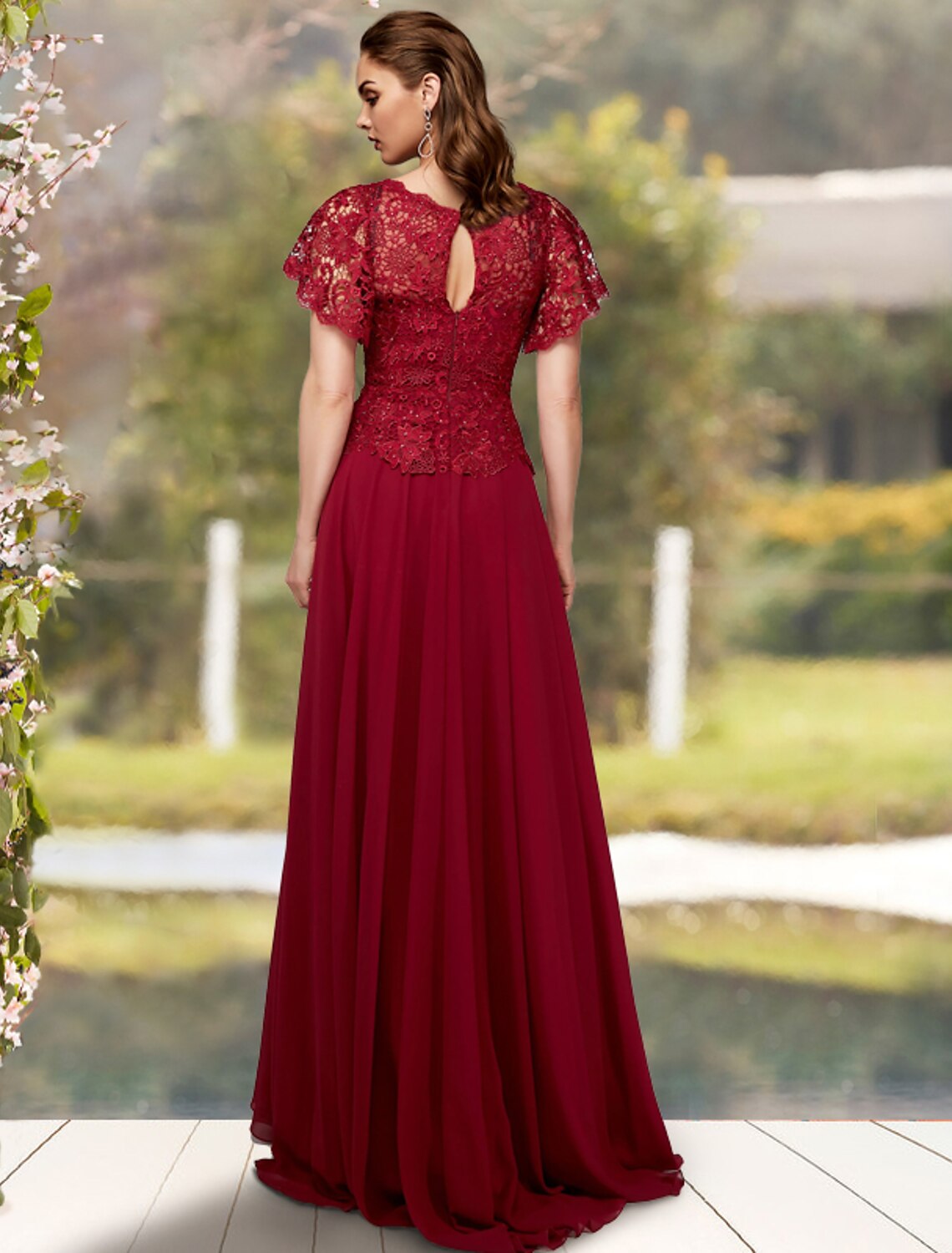 Abito da madre della sposa a trapezio, elegante, taglie forti, con scollo gioiello, lunghezza pavimento, in chiffon, pizzo, maniche corte con applicazioni di perline