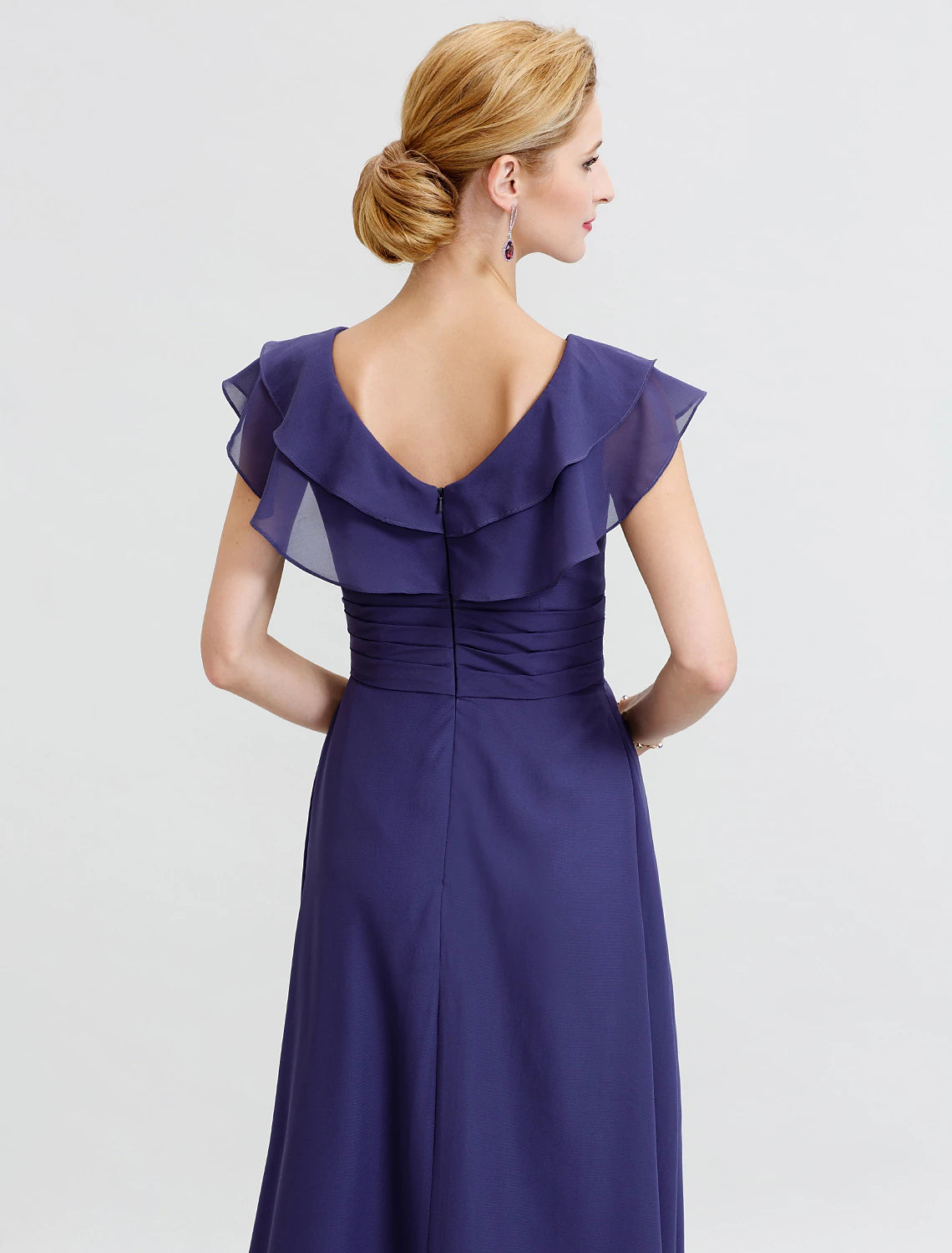 Abito da madre della sposa a trapezio, formale, con schiena scoperta, elegante, scollo a V, lunghezza pavimento, in chiffon, maniche corte, senza cintura/nastro, spilla di cristallo