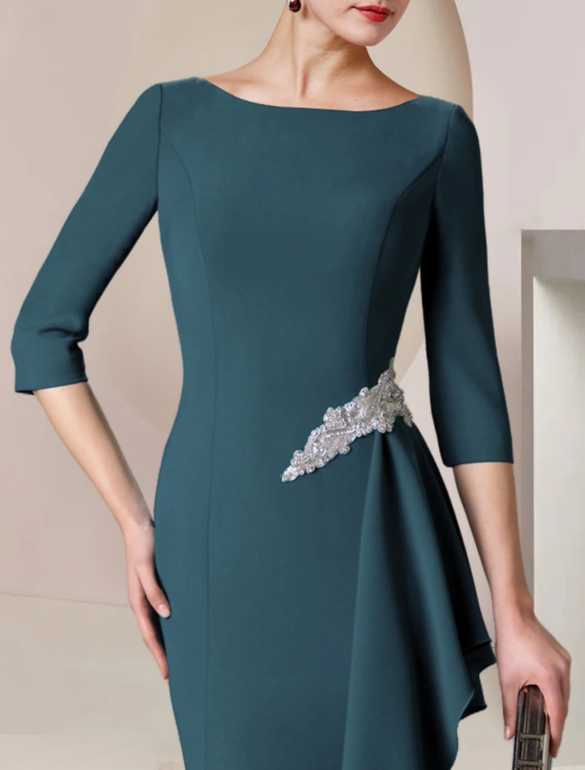 Teal Crepe Sheath/column Floor-Length Gown with Beaded Waist