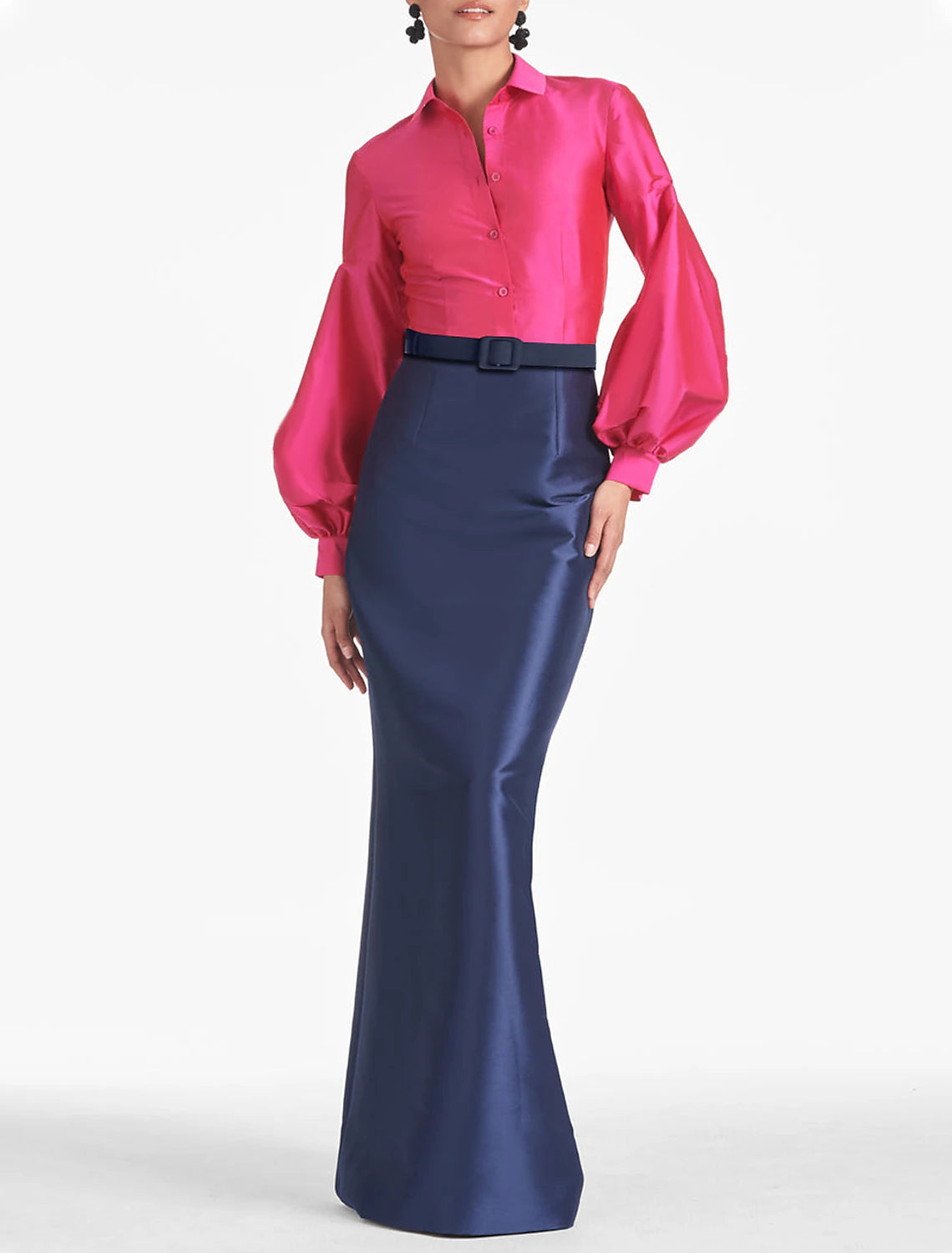 Vestido de noche elegante de sirena/trompeta, negro, formal, otoño, largo hasta el suelo, manga larga, cuello camisero, satén con tiras