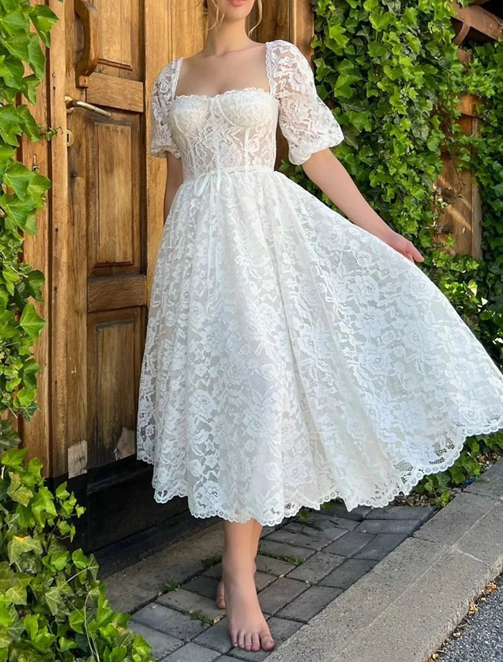 Vestidos de novia blancos de recepción, corte A, escote corazón, media manga, largo hasta la rodilla, de encaje, con apliques, color liso