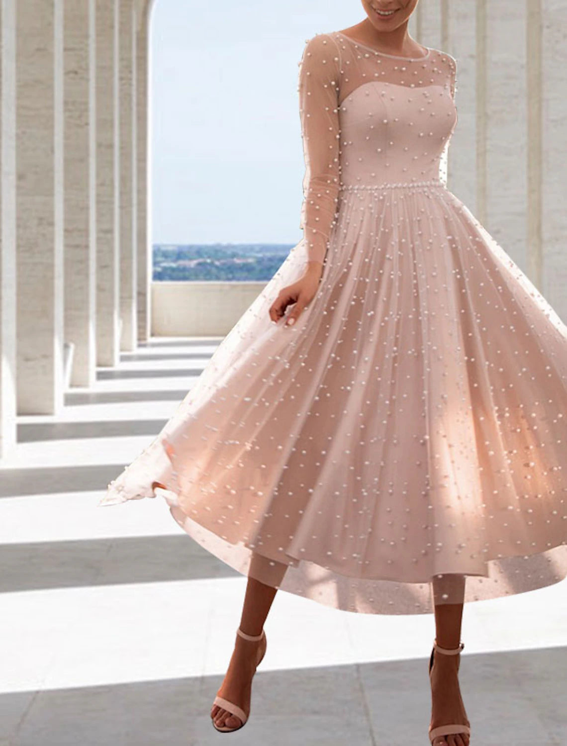 Abiti da sposa bianchi da ricevimento, abiti da sposa a trapezio, scollo a V, maniche lunghe, lunghezza tè, in raso, con perle e perline.