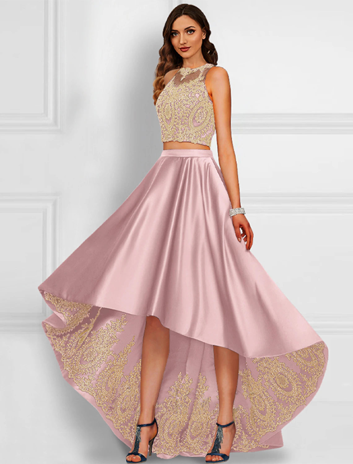 Dark Navy Satin A-Line High-Low Dress with Embroidered Crop Top