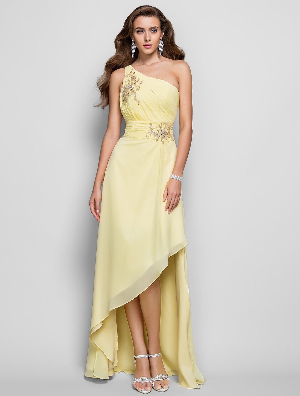 Abito elegante a tubino/colonna per invitati a matrimoni, cocktail party, asimmetrico, senza maniche, monospalla, in chiffon con applicazioni di perline e spacchi