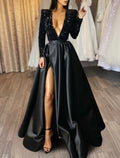 Vestido de noche de corte A, rojo y verde, vestido formal negro, talla grande, para boda, cola de corte, media manga, escote en V, satén con abertura de lentejuelas