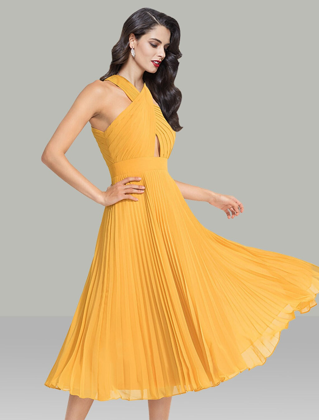 Yellow Chiffon Pleated A-Line Tea-Length Halter Dress