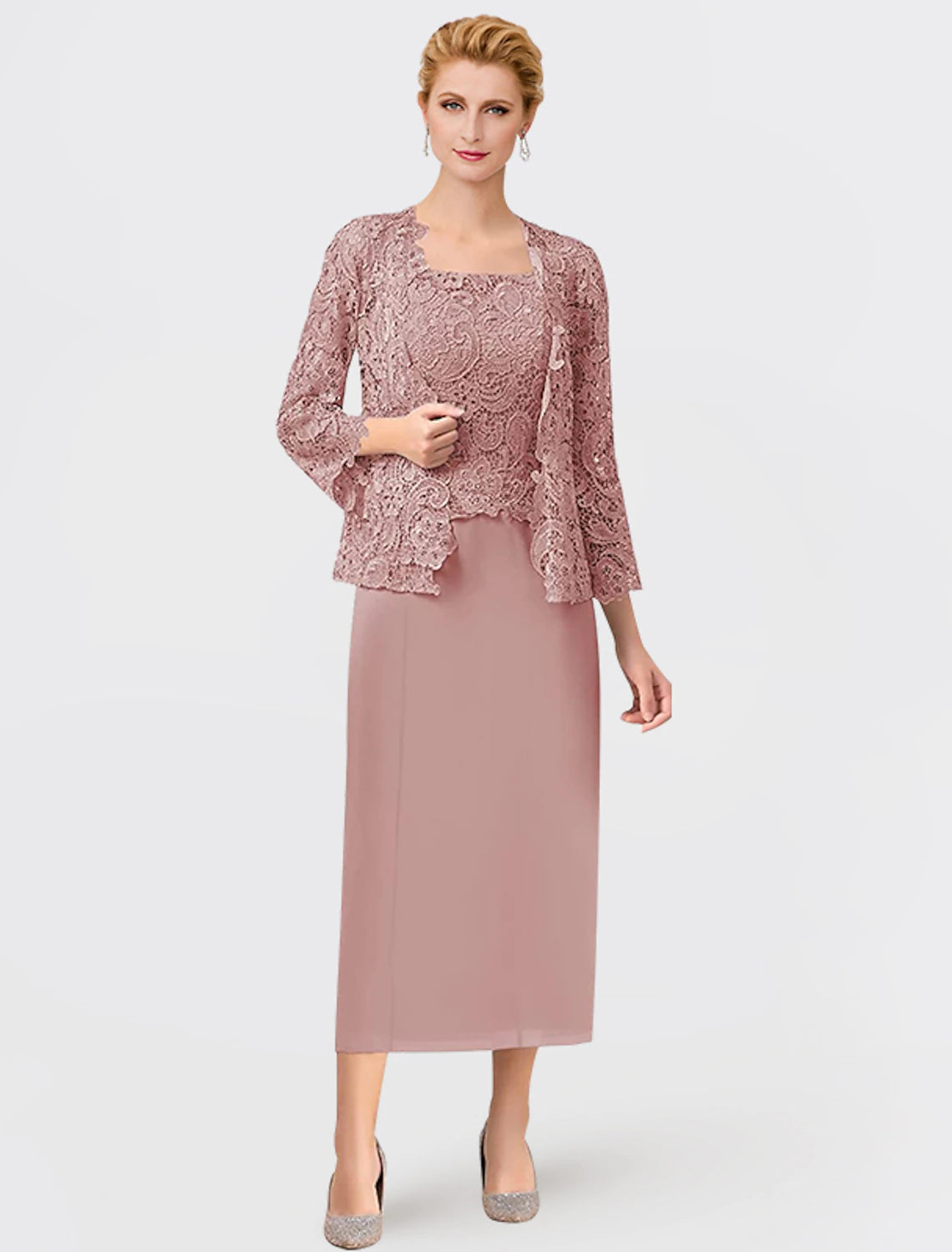 Vestido de dos piezas para madre de la novia, formal, para invitada de boda, elegante, escote cuadrado, largo hasta los tobillos, de gasa, con encaje, sin mangas, cruzado, incluido con apliques