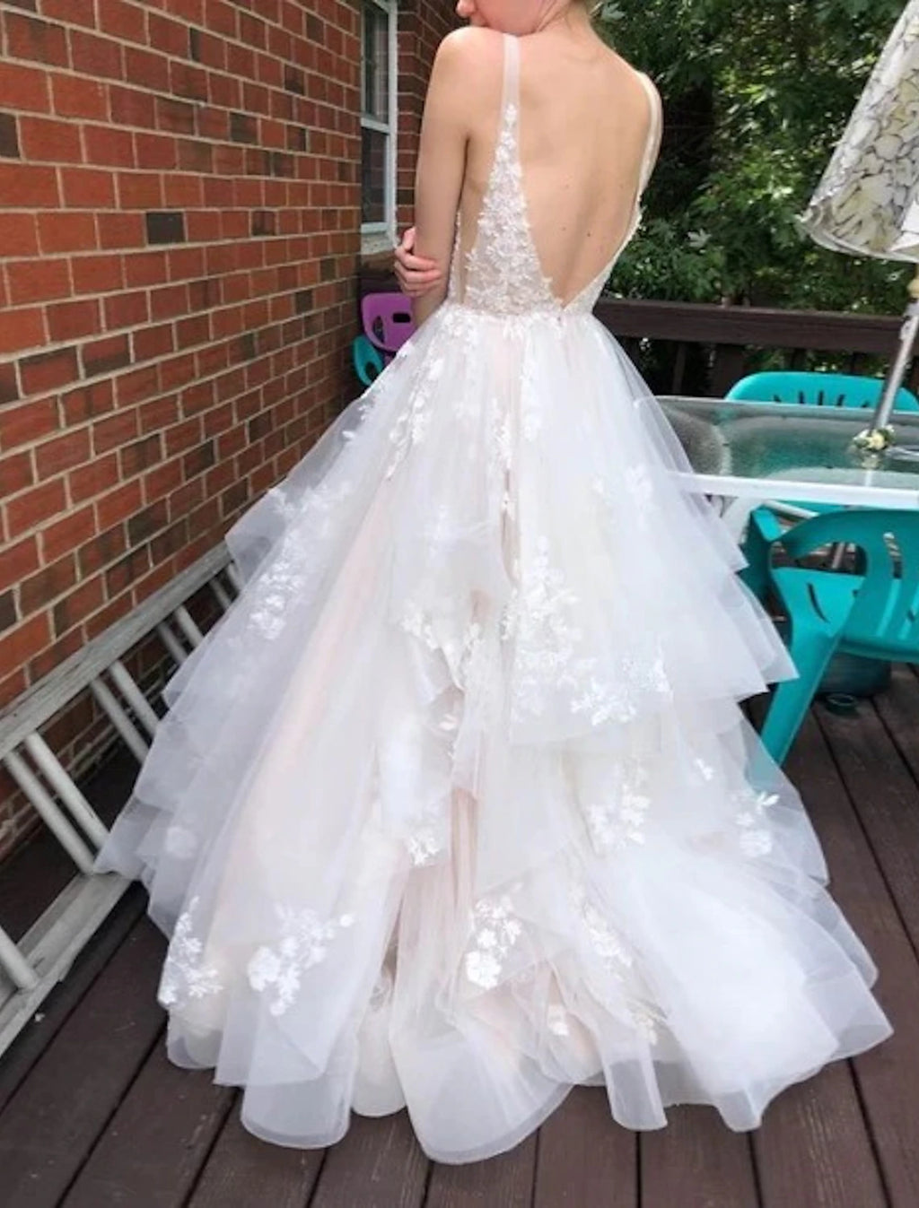 Ivory Lace V-Neck A-Line Floor-Length Bridesmaid Dress with Tiered Tulle Skirt