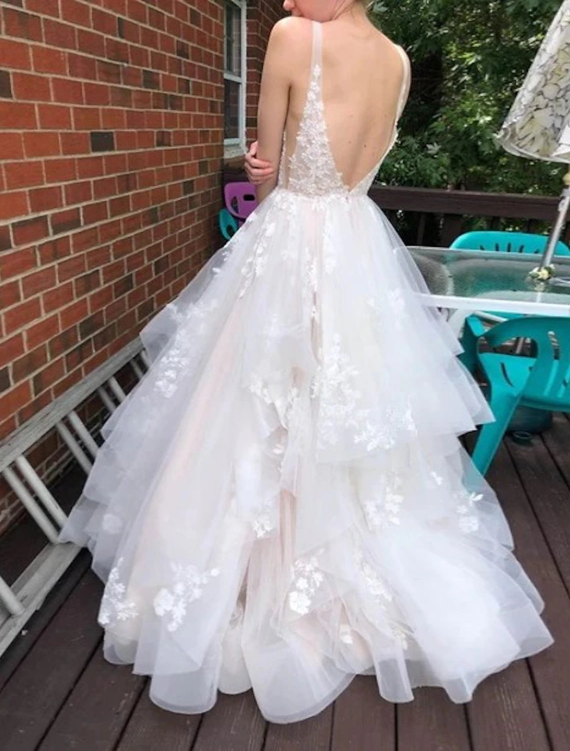 Ivory Lace V-Neck A-Line Floor-Length Bridesmaid Dress with Tiered Tulle Skirt