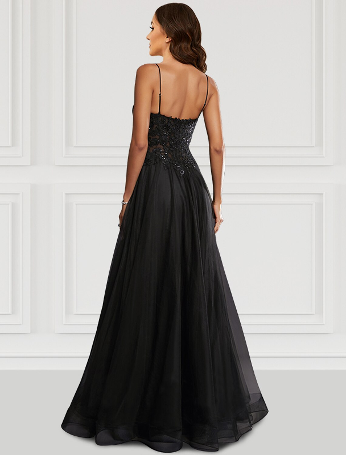 Black Chiffon A-Line Floor-Length Evening Dress with Sequin Bodice & High Slit
