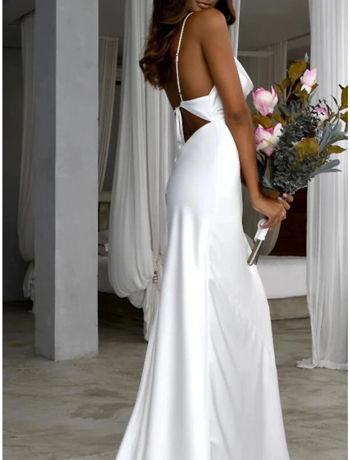 Beach Simple Wedding Dresses Sheath / Column Square Neck Camisole Spaghetti Strap Sweep / Brush Train  Fabric Bridal Gowns With Ruched Solid Color