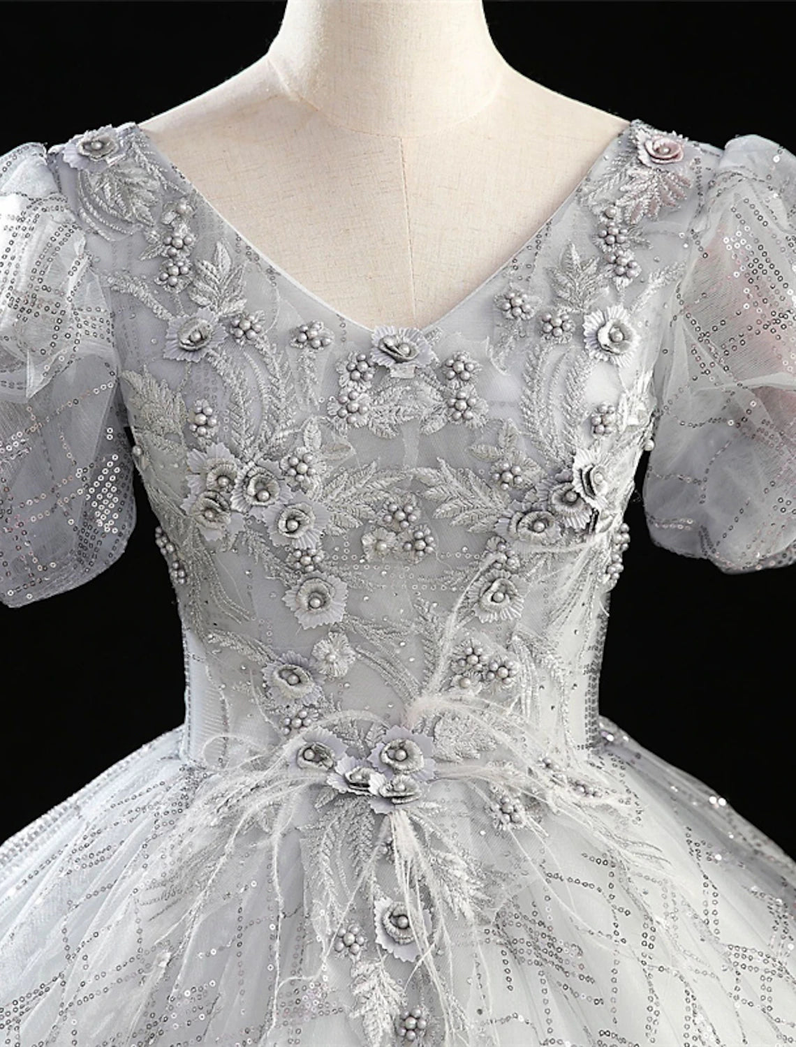 Silver Glitter Tulle V-Neck Ball Gown Floor-Length Evening Dress with Floral Bodice