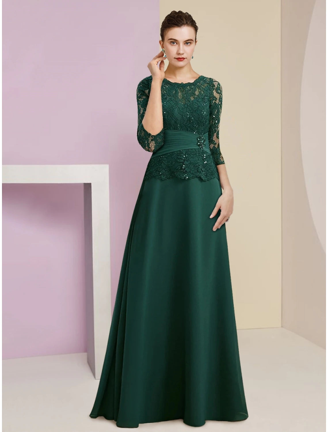 Forest Green Lace A-Line Floor-Length Evening Dress with Scoop Neck and Pleated Waistband