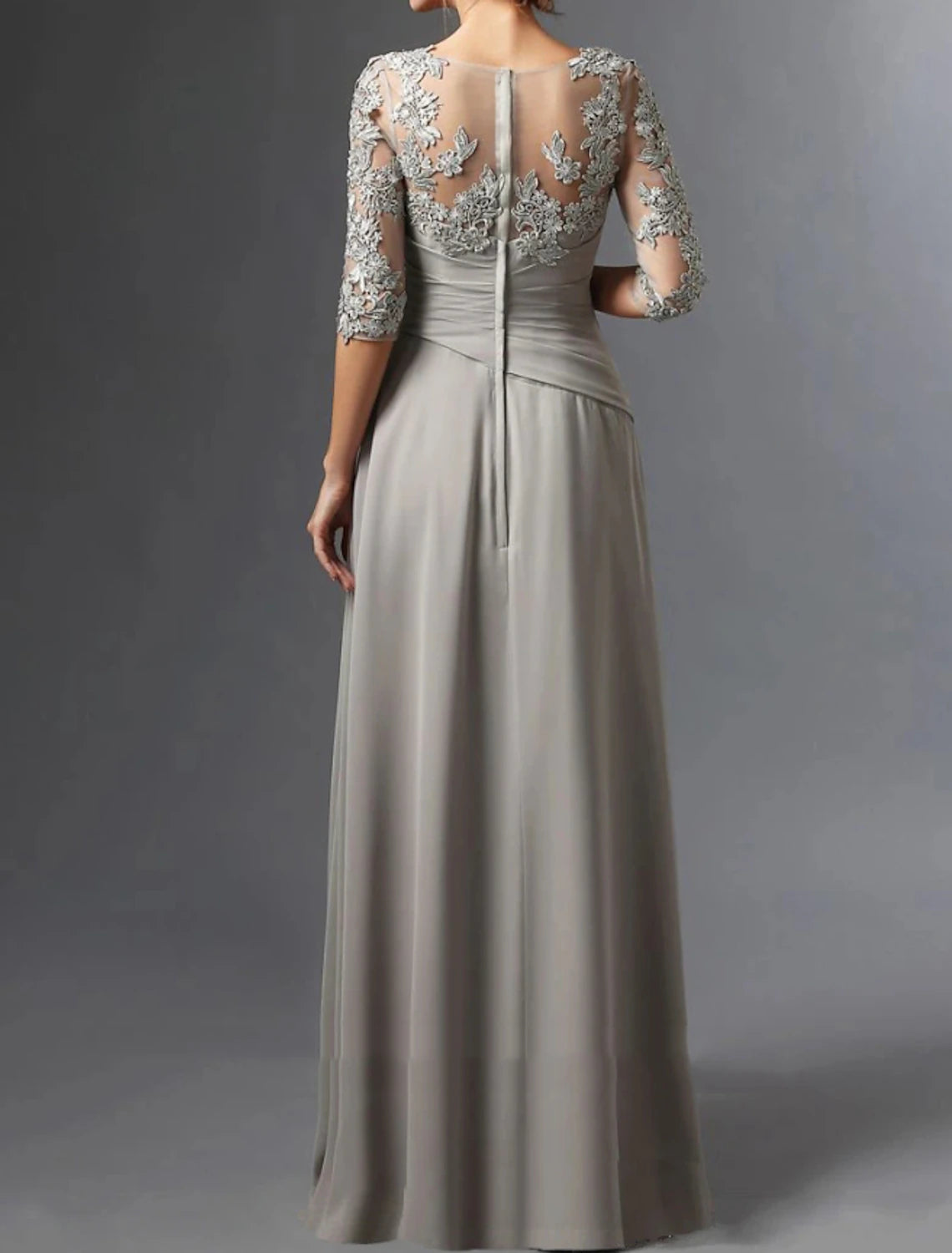 Abito da cerimonia per la madre della sposa, a tubino, elegante, con scollo quadrato, lunghezza pavimento, in chiffon e pizzo, mezza manica con arricciature