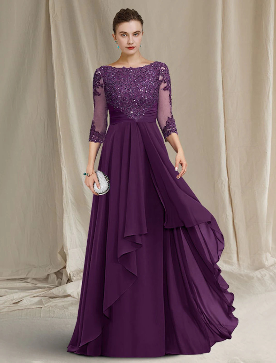 Vestido de madre de la novia de corte A, lujoso y elegante, con escote joya, largo hasta el suelo, de gasa, encaje con lentejuelas, manga 3/4 con pliegues y apliques de cuentas.