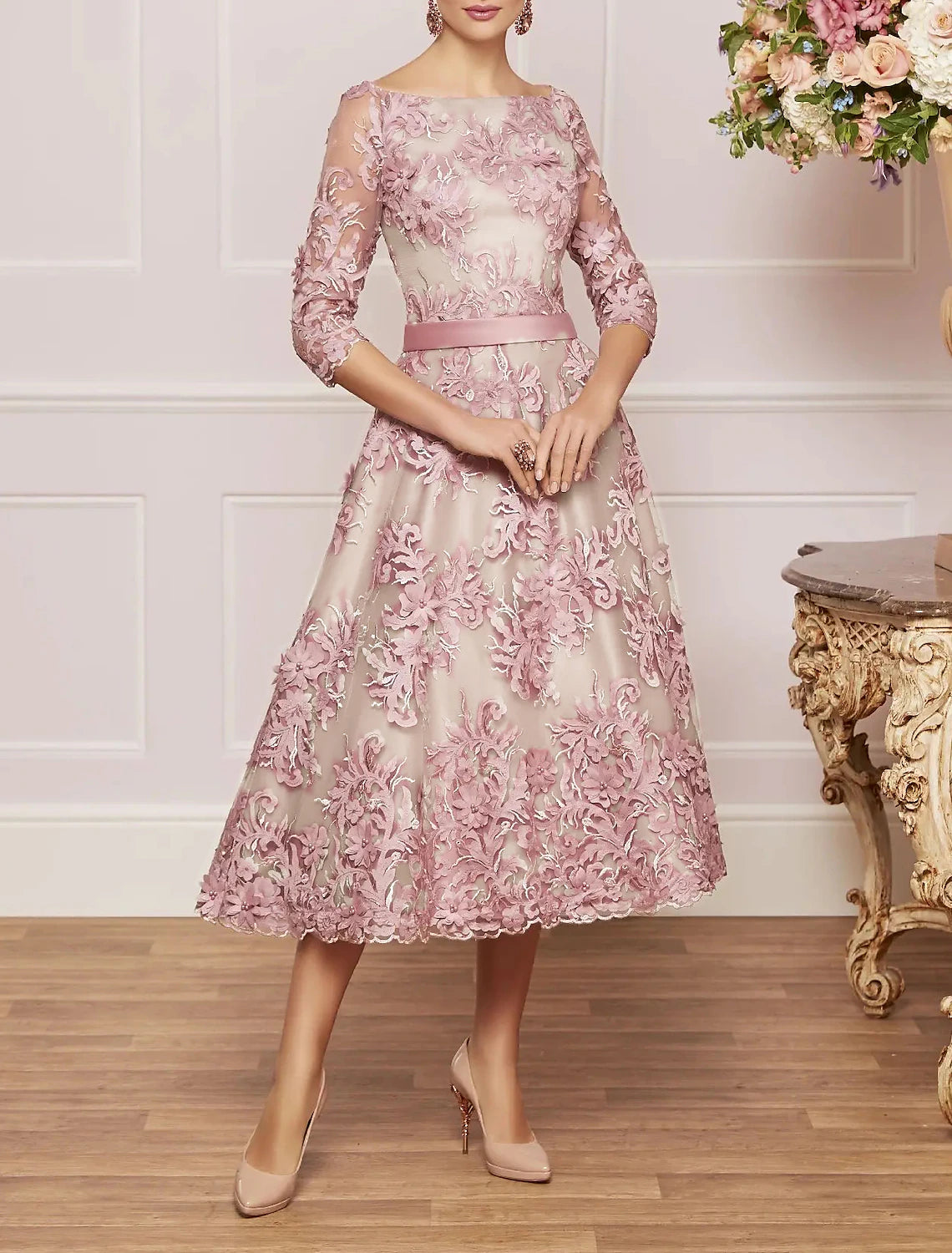 Blushing Pink Lace A-Line Tea-Length Dress with Floral Embroidery