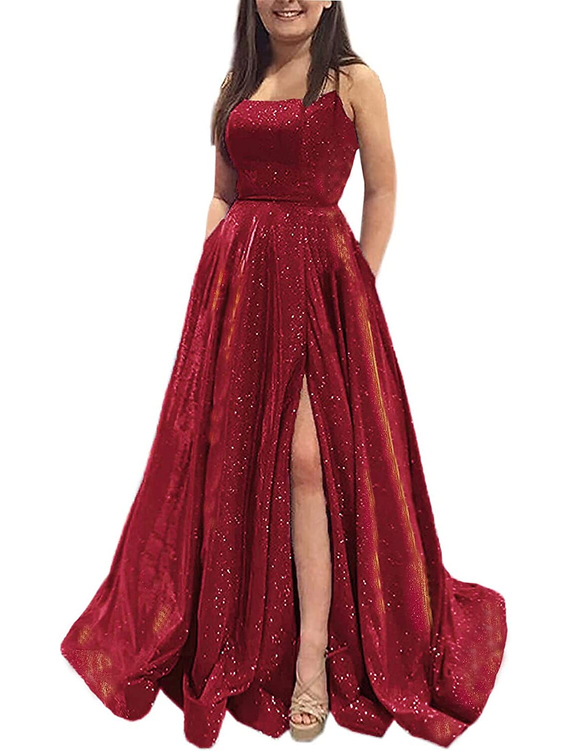 Abiti da ballo a trapezio, scintillanti e brillanti, lunghi fino al pavimento, senza maniche, senza spalline, in raso, senza schienale, con tasca a fessura