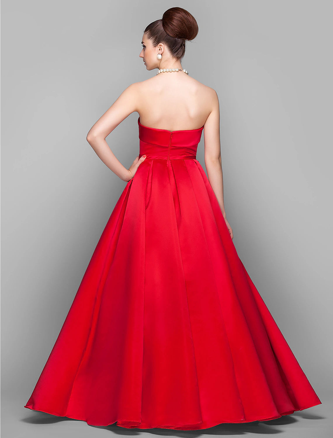 Red Satin A-Line Strapless Straight Neck Floor-Length Gown