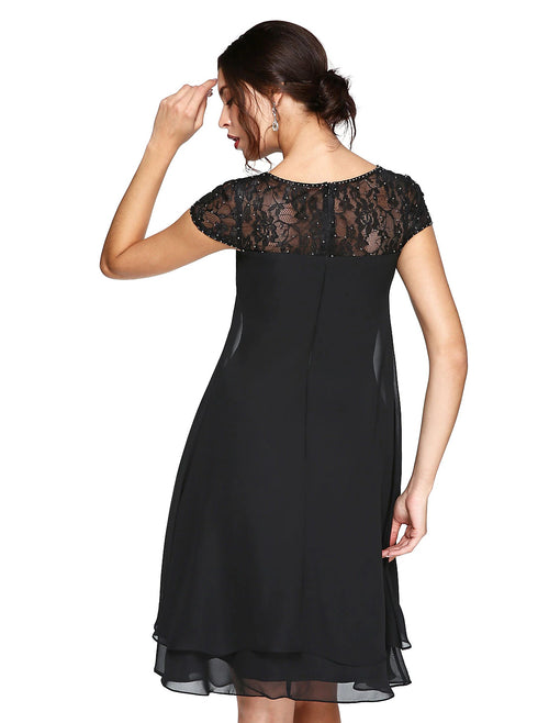 Black Beaded Lace A-Line Short Dress with Multi-layered Skirt