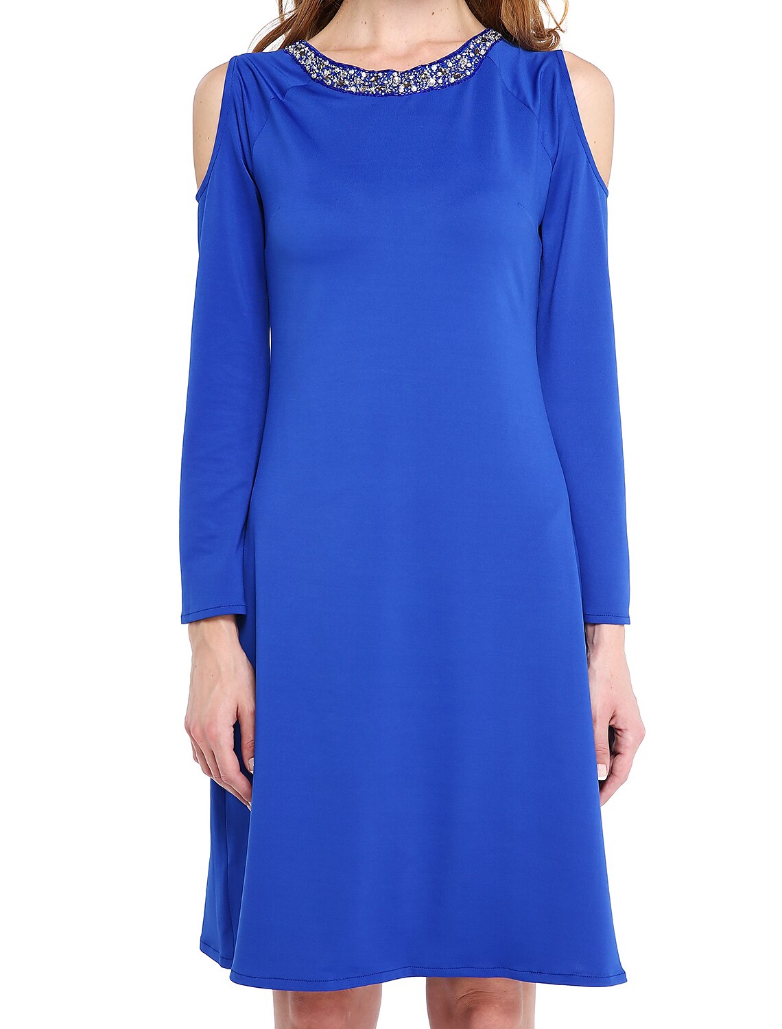 Vestido de madre de la novia elegante con escote joya, largo hasta la rodilla, jersey, manga larga, sin mangas, con abalorios