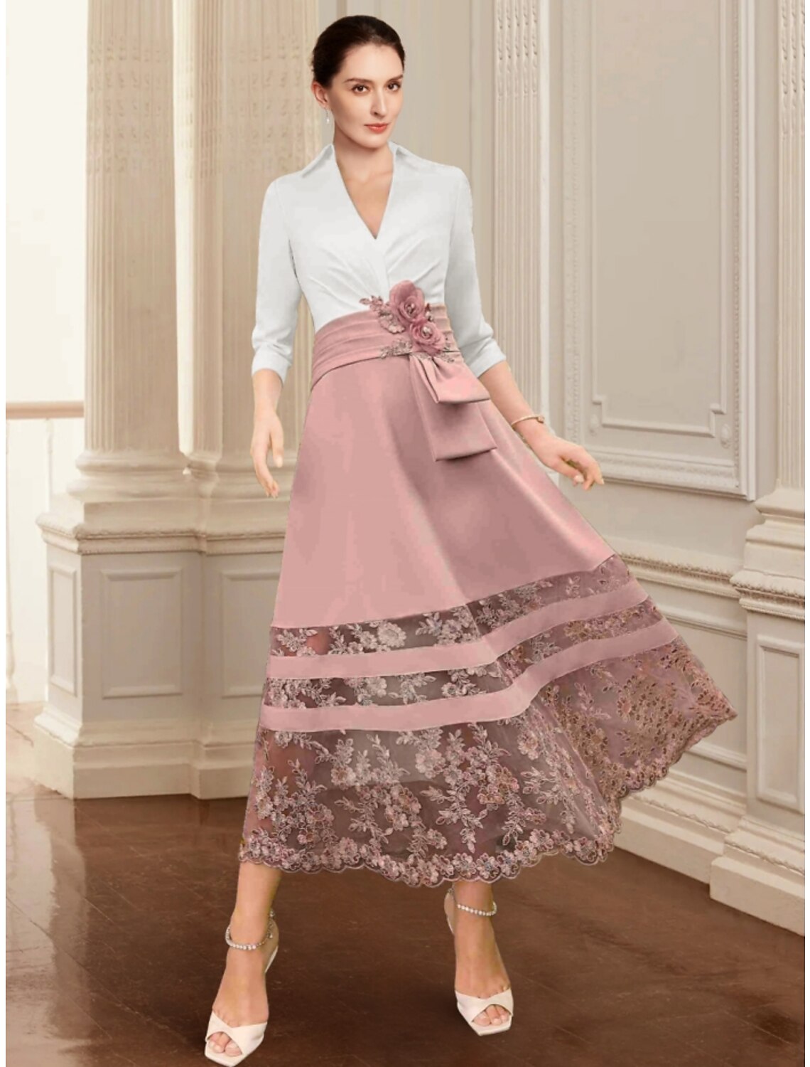 Abito da cerimonia per la madre della sposa, a trapezio, elegante, con scollo a V, lunghezza alla caviglia, in chiffon, maniche a 3/4, con arricciature in pizzo e fiori