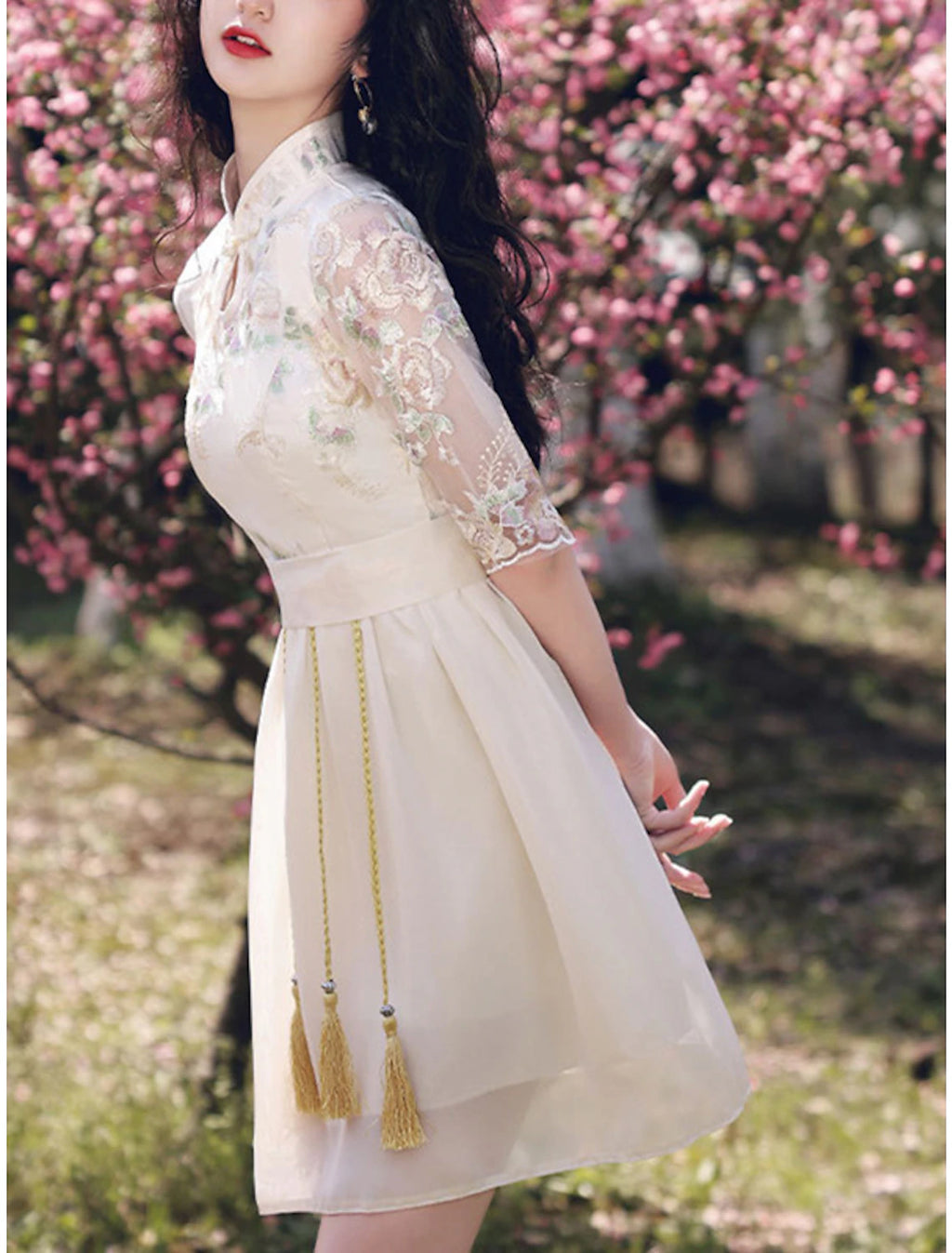 Ivory Chiffon A-Line Short Dress with Embroidered Sheer Sleeves for Homecoming & Cocktail Parties
