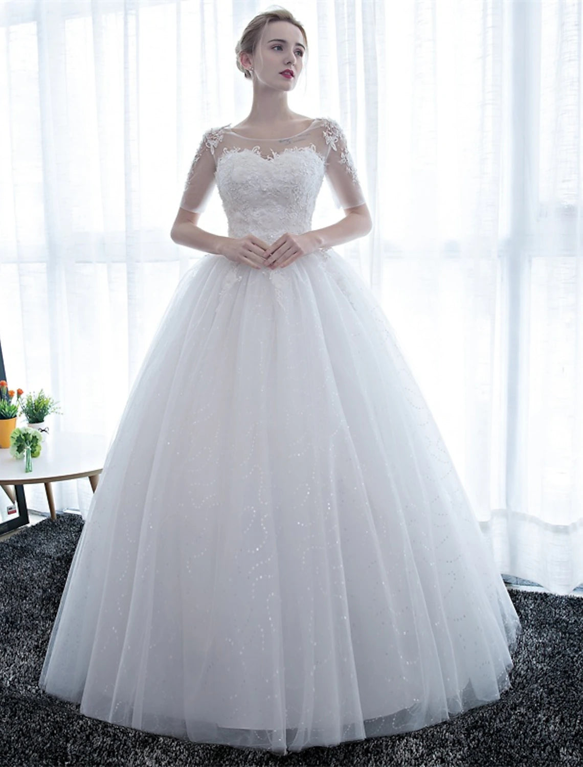 Abiti da sposa formali da ricevimento, abiti da ballo, scollo a V, maniche corte, lunghezza pavimento, abiti da sposa in raso con pizzo, abbigliamento estivo da donna