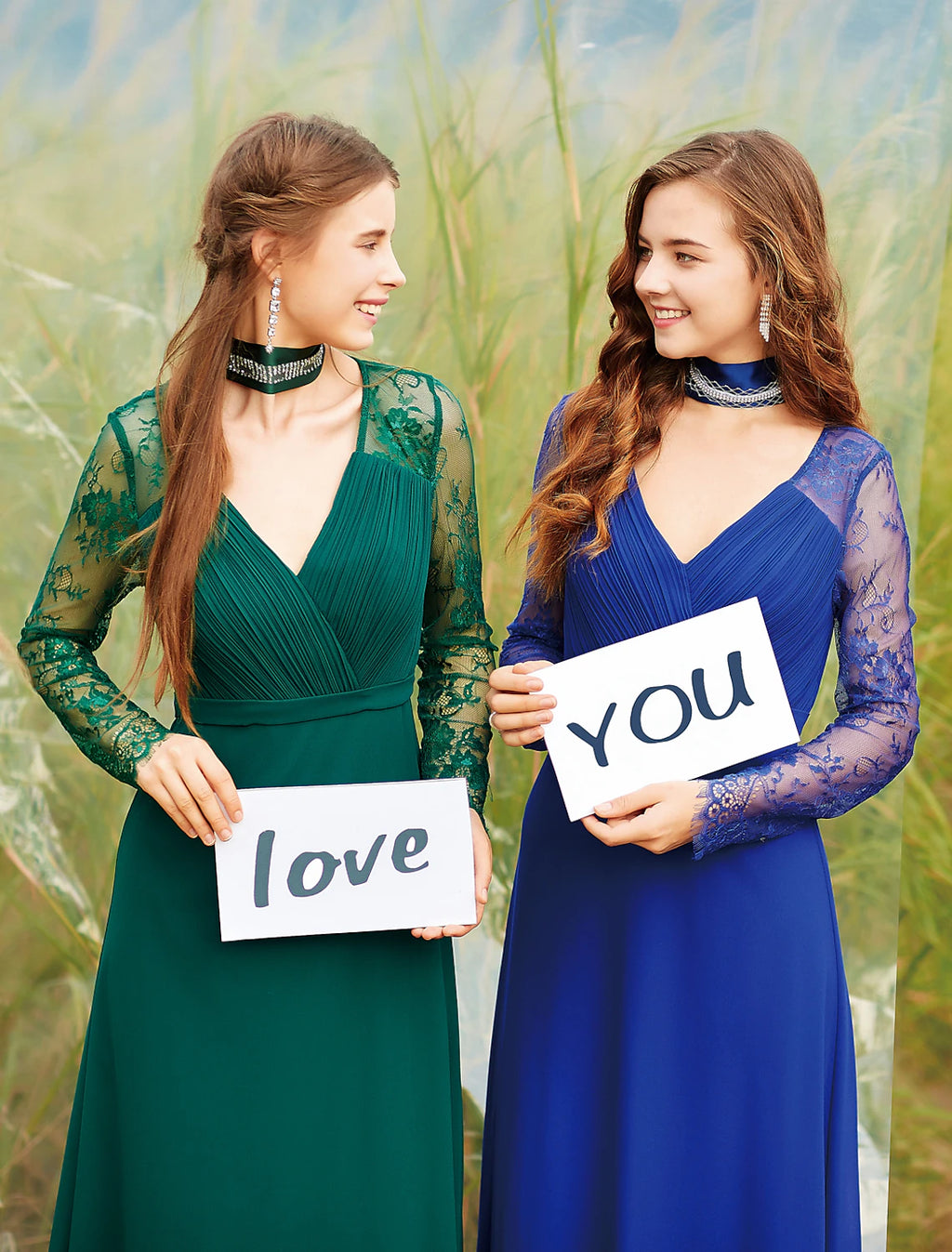 Forest Green Chiffon A-Line Floor-Length Bridesmaid Dress with Pleated Bodice & Lace Sleeves
