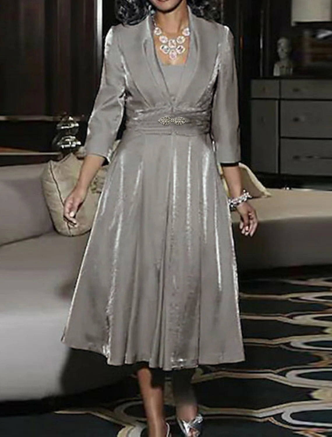 Abito da cerimonia per la madre della sposa, a trapezio, elegante, vintage, taglie forti, con scollo quadrato, lunghezza tè, in poliestere, maniche a 3/4, con arricciature