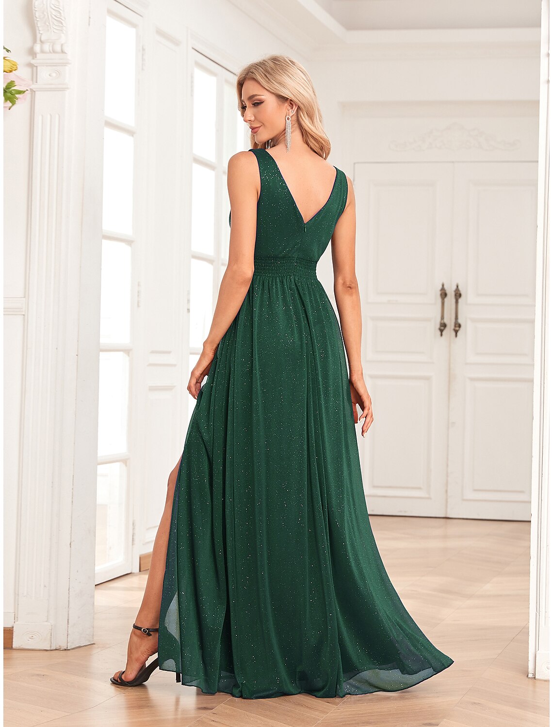 Dark Navy Glitter A-Line V-Neck Bridesmaid Dress with High Slit