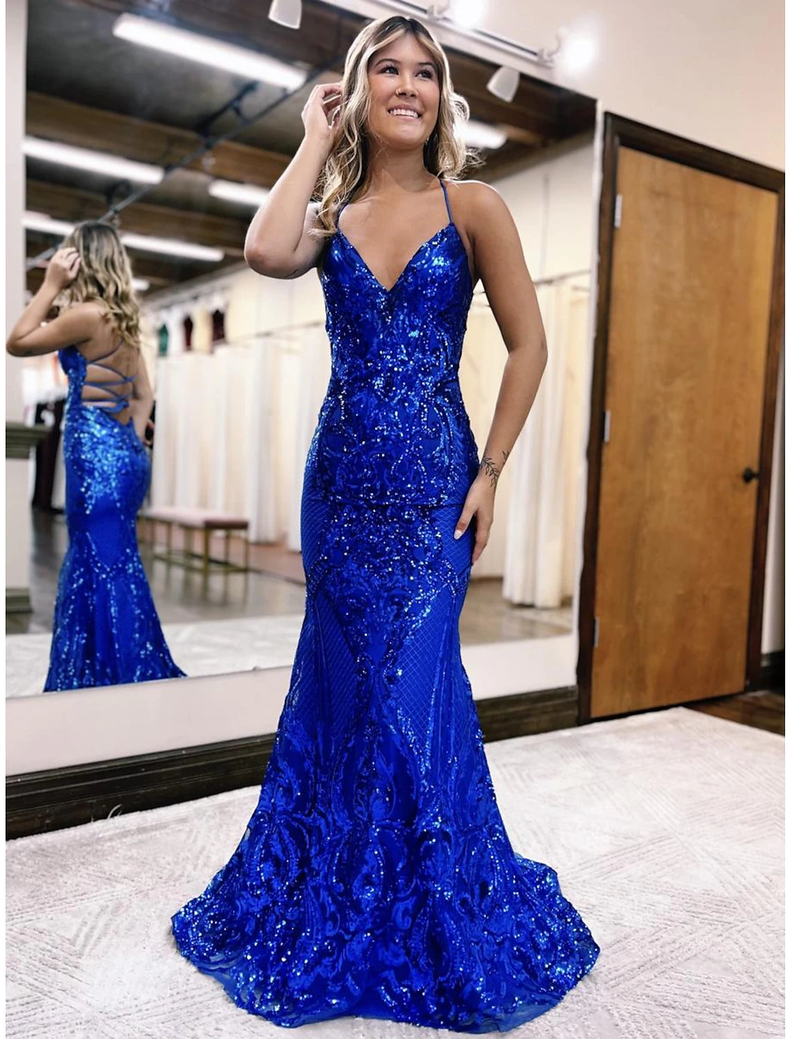Royal Blue Sequin Mermaid Floor-Length Dress with V-Neck and Criss-Cross Straps