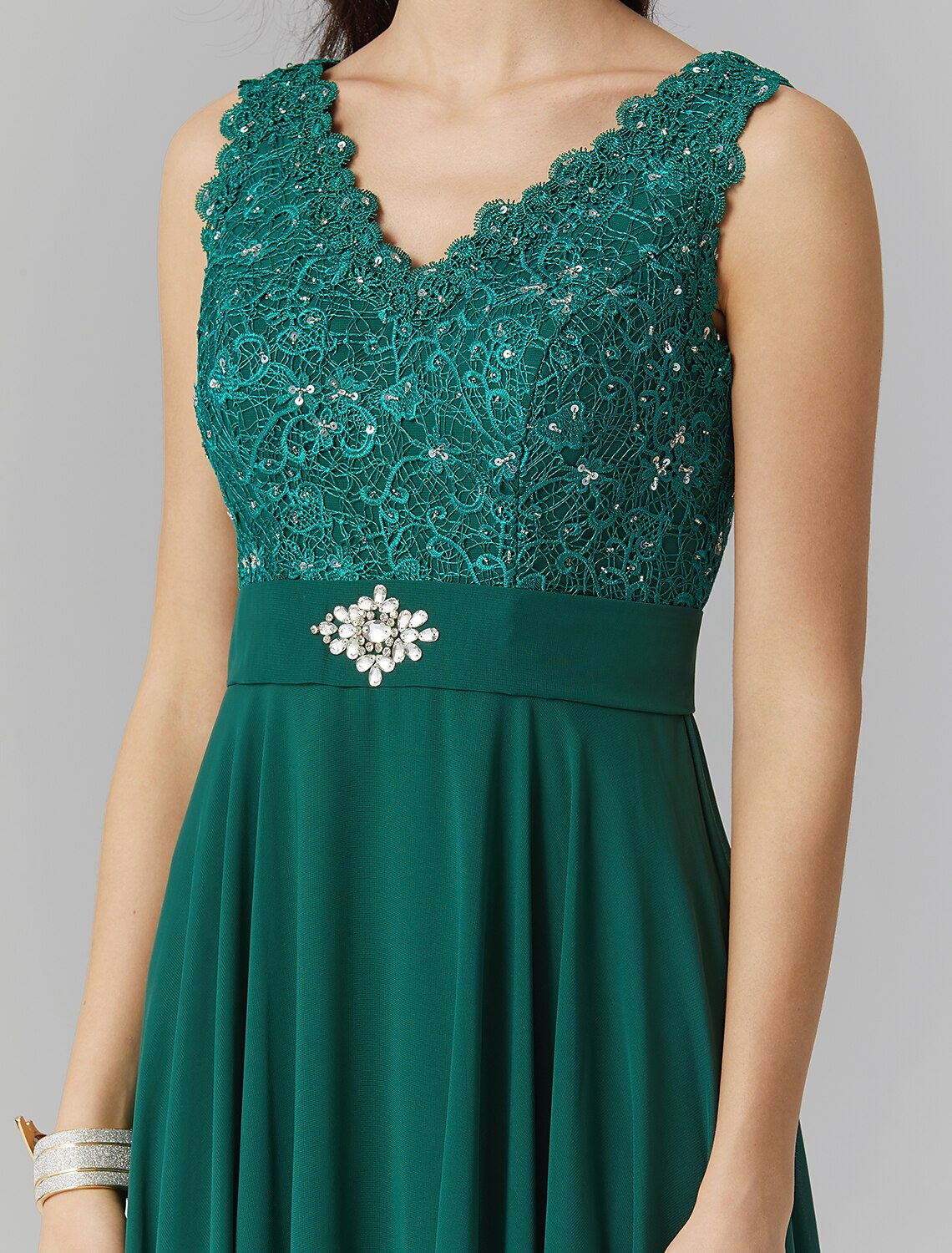 Abito elegante a trapezio, da cerimonia, da sera, lungo, senza maniche, scollo a V, in chiffon, con fascia/nastro e perline