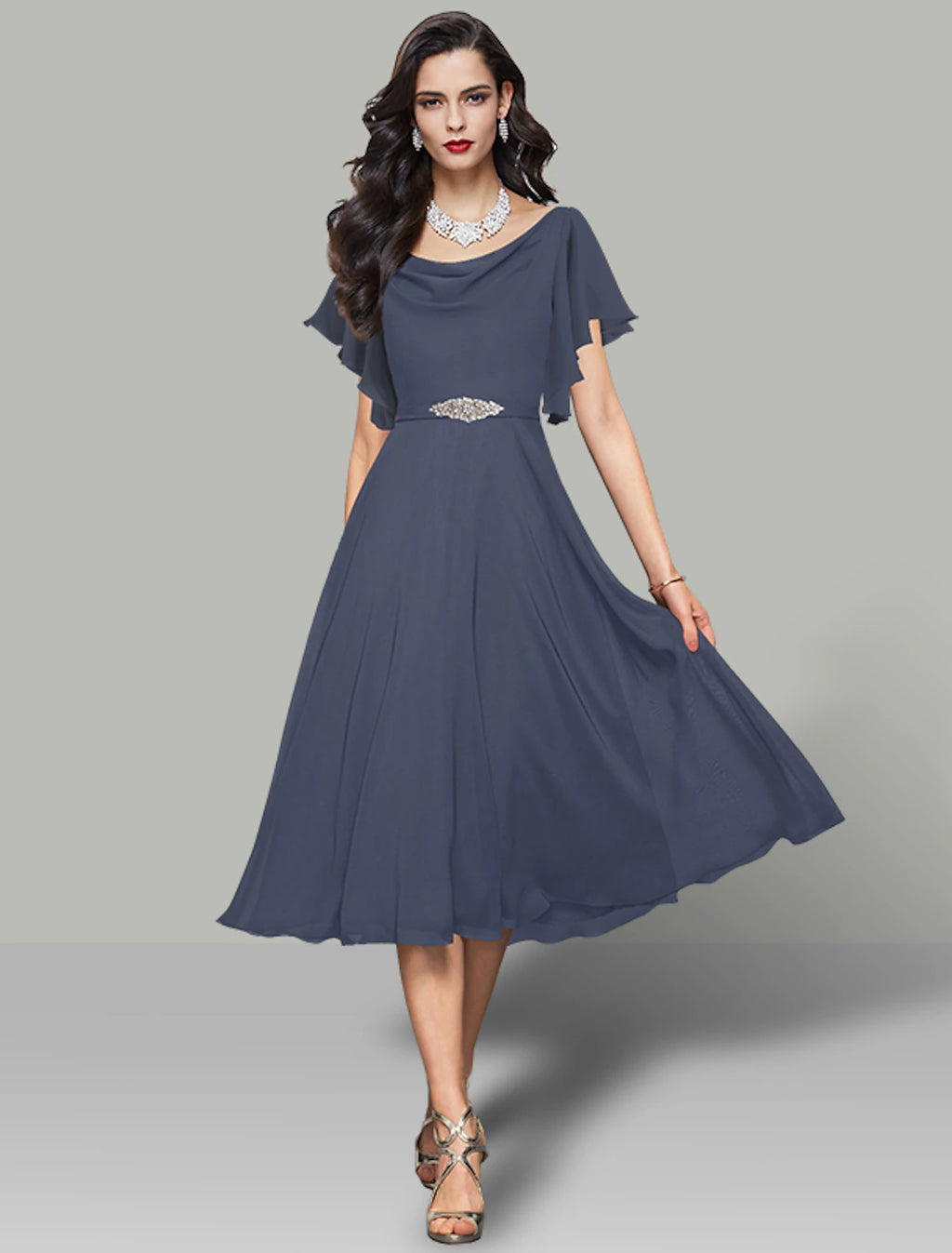 Slate Blue Chiffon Cowl Neck A-Line Tea-Length Bridesmaid Dress