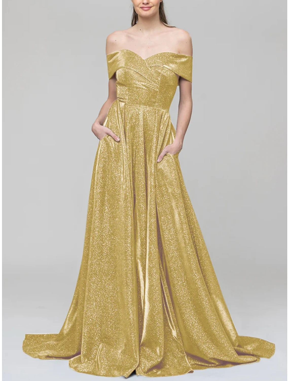 A-Line Evening Gown Sparkle & Shine Dress Formal Court Train Short Sleeve Off Shoulder Sequined with Glitter Pleats 2025