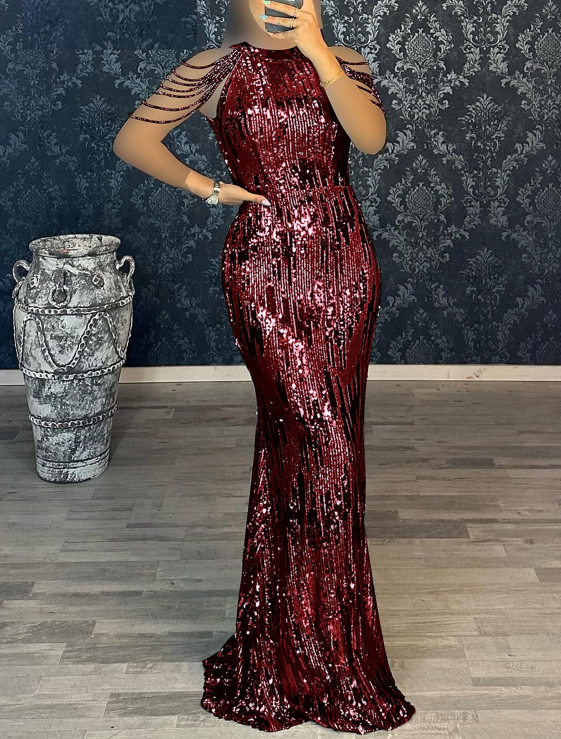 Vestido de noche elegante de sirena/trompeta, con lazo negro, largo hasta el suelo, manga corta, cuello joya, vestido negro con lentejuelas y flecos y borlas.