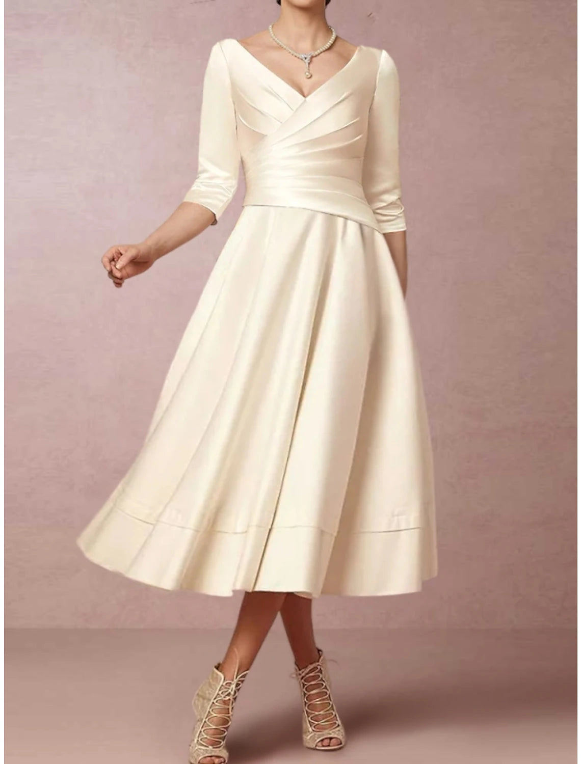 Abito da sposa a trapezio, elegante, semplice, con scollo a V, lunghezza tè, in raso, mezza manica, con pieghe e arricciature