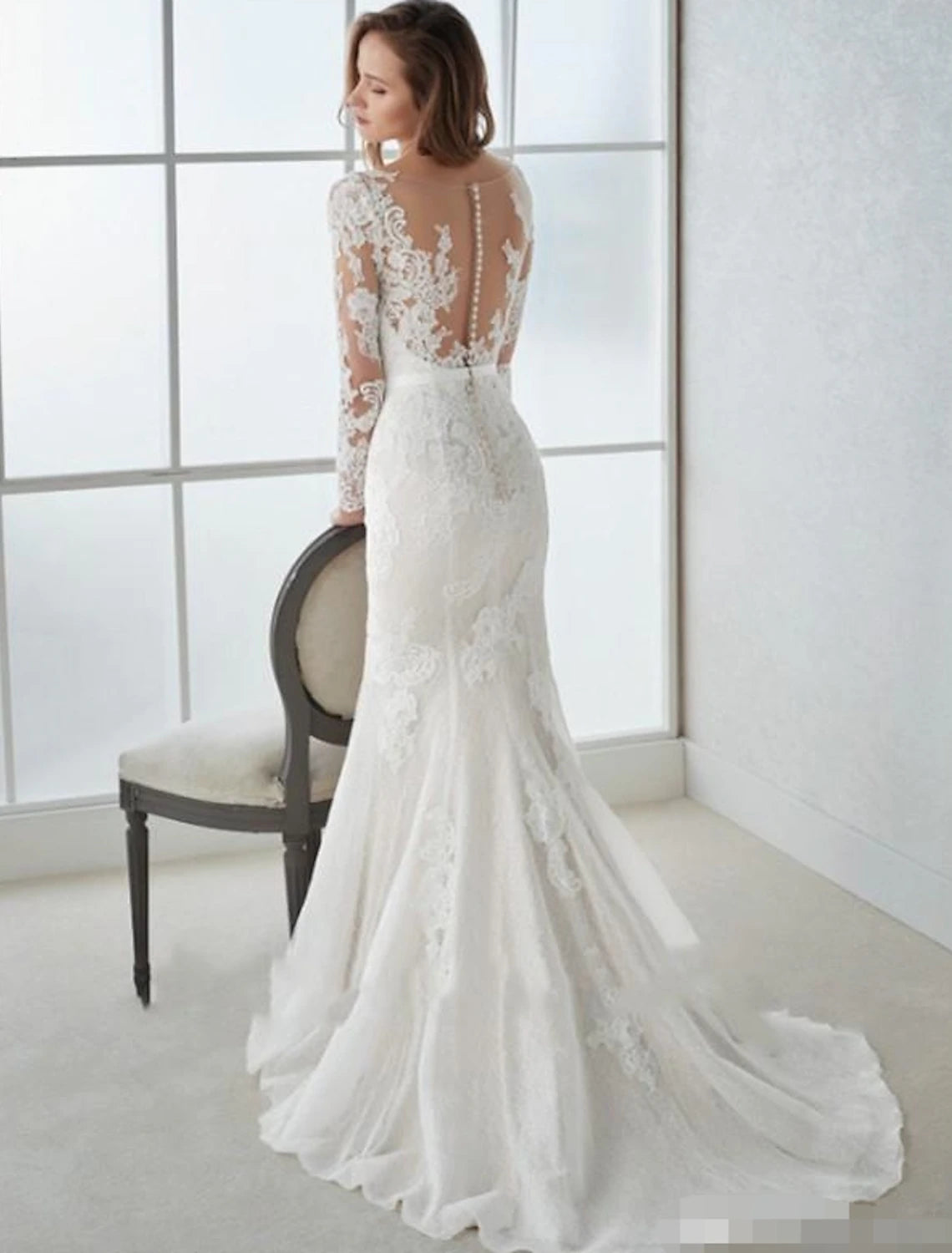 Ivory Lace Mermaid Evening Gown with Illusion Back