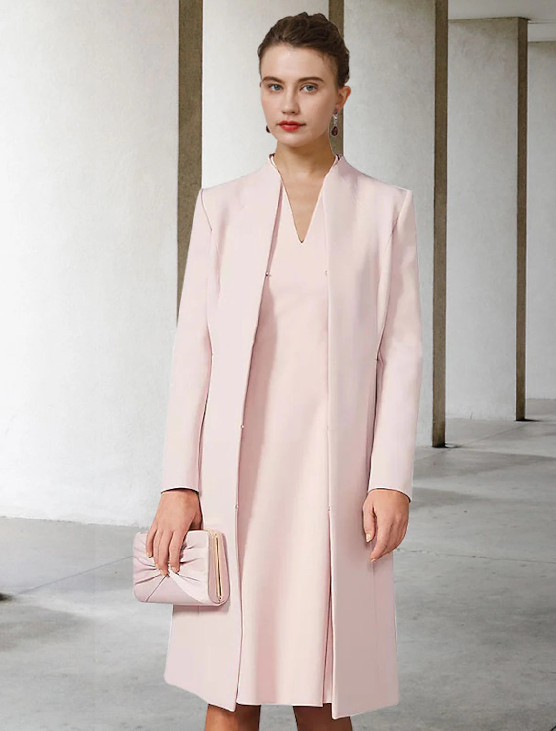 Vestido de dos piezas de corte A para madre de la novia, para invitada de boda, iglesia, elegante, cuello en V, largo hasta la rodilla, de gasa, manga corta, chaqueta, vestidos con color sólido, otoño