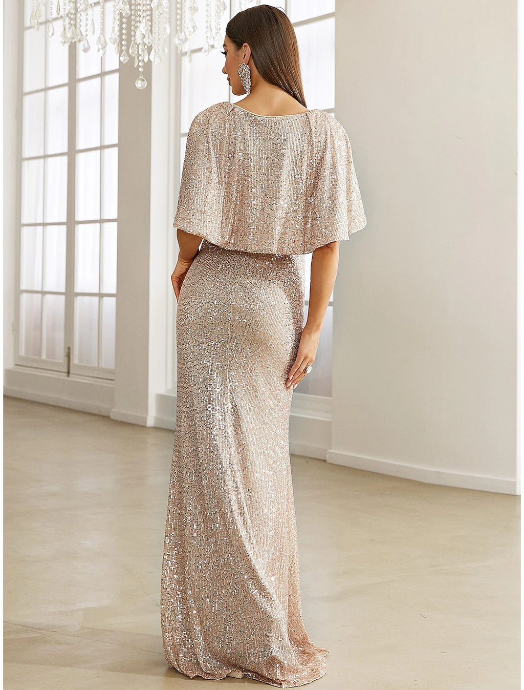 Gold Sequin V-Neck Sheath/column Floor-Length Evening Dress with Cape Sleeves