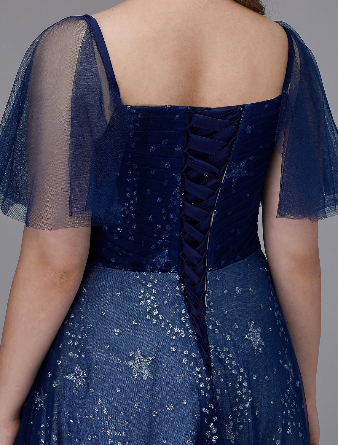 Abito a trapezio taglie forti per invitati a nozze, ballo di fine anno, lunghezza al pavimento, manica corta, scollo a cuore, tulle, allacciatura con motivo di perline/stampa 2025