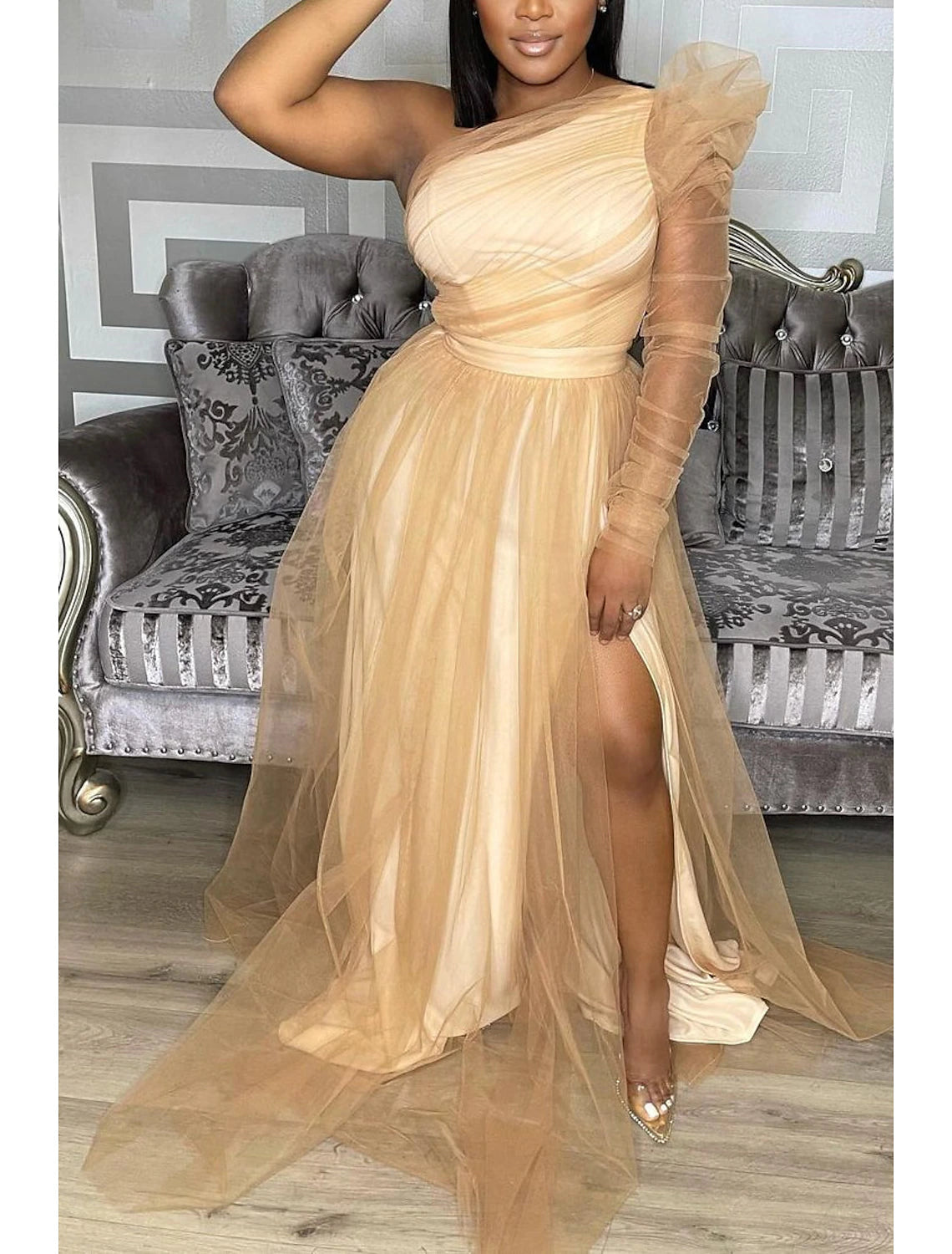 Vestidos de fiesta de corte A, talla grande, para invitados de boda, formales, de noche, con cola larga, de un solo hombro, de tul, con abertura, de la familia Addams, color puro