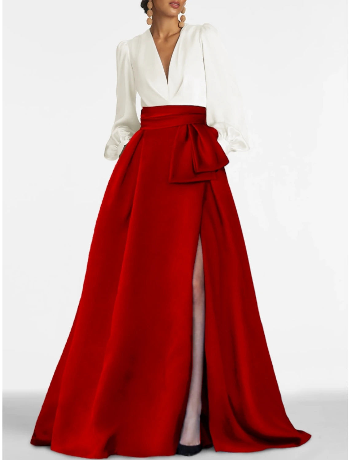 Forest Green Satin A-Line Floor-Length V-Neck Evening Dress with Structured Bow