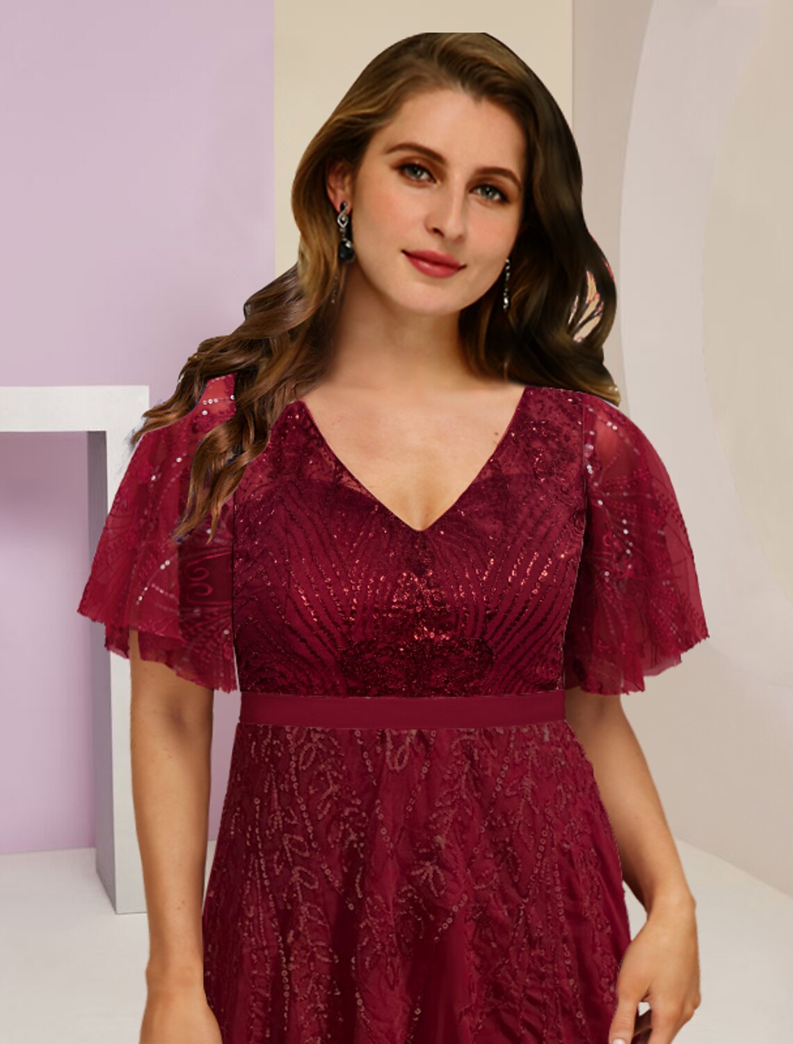 Vestidos de Madre de la Novia Talla Grande Curvas Ocultar Vientre Invitada de Boda Elegante Brillo y Resplandor Escote en V Largo hasta el Suelo Gasa Encaje Lentejuelas Manga Corta con Pliegues Frente Abierto